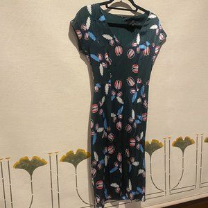 Cynthia Rowley v neck silk cap sleeve navy blue tulip motif summer dress